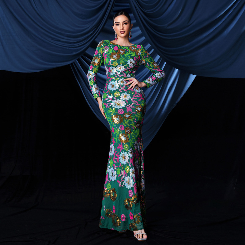 Cross-border European and American Long-sleeved Elegant Crewneck Sexy Slim-fit Long Sequin Banquet Evening Dress Bridesmaid Dress dress Women Cross-border European and American Long-sleeved Elegant Crewneck Sexy Slim-fit Long Sequin Banquet Evening Dress Bridesmaid Dress dress Women