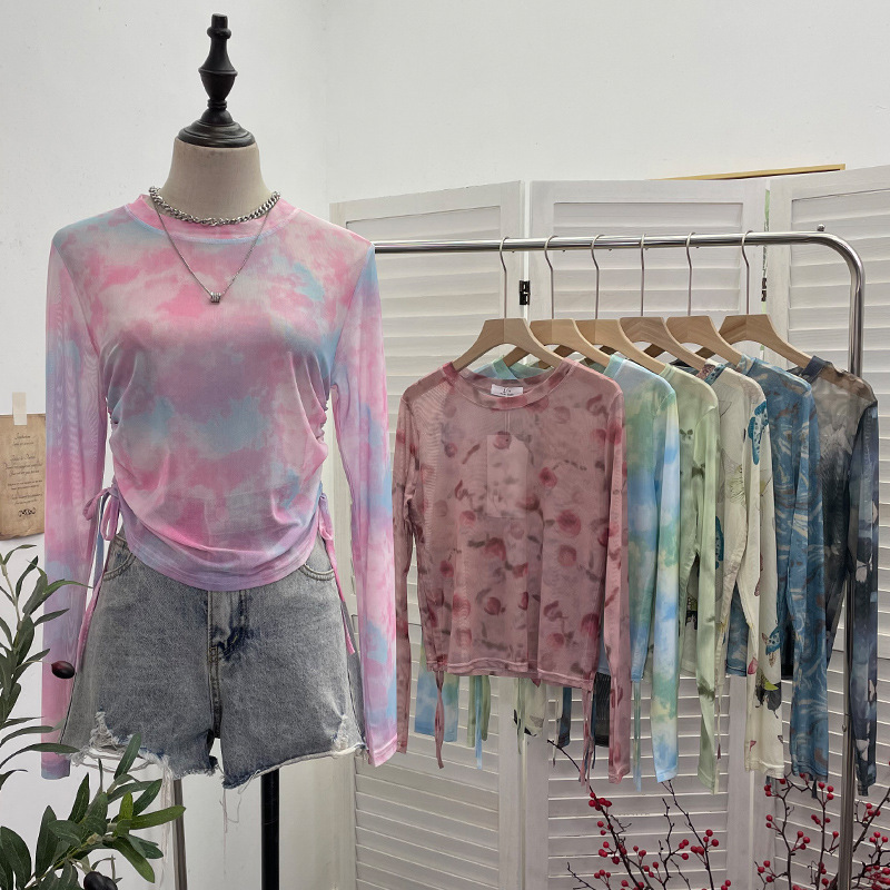 Real Shot Summer Single Layer Mesh Tie-Dye Printed Long Sleeve Blouse Sunscreen Top Drawstring Lace Short T-Shirt 1928