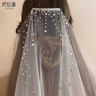 优拉潘 V169 秋冬新款欧美气质手工水钻披肩纱简约中长款新娘头纱