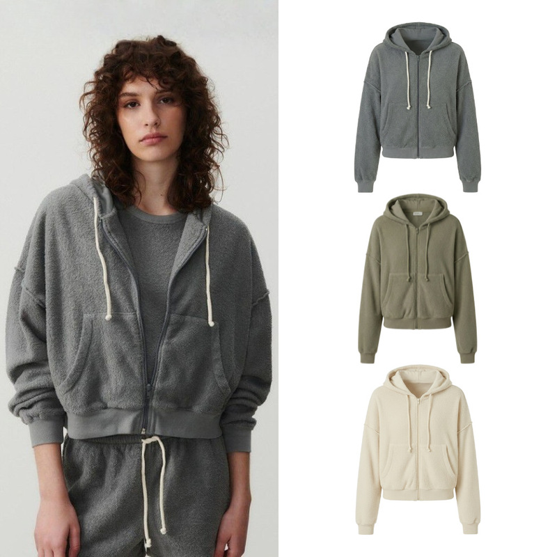 Original Amv Bai Baihong Style Hooded Fleece Towel Material Zip-Up Batwing Sleeve Cardigan Jacket Set for Women, Pure Cotton New