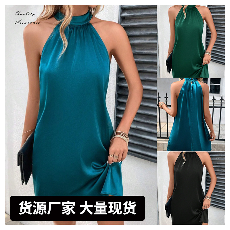 Vestido sin mangas satinado vestido de longitud media con cuello halter de satén Amazon spot de ropa de mujer europea y americana transfronteriza