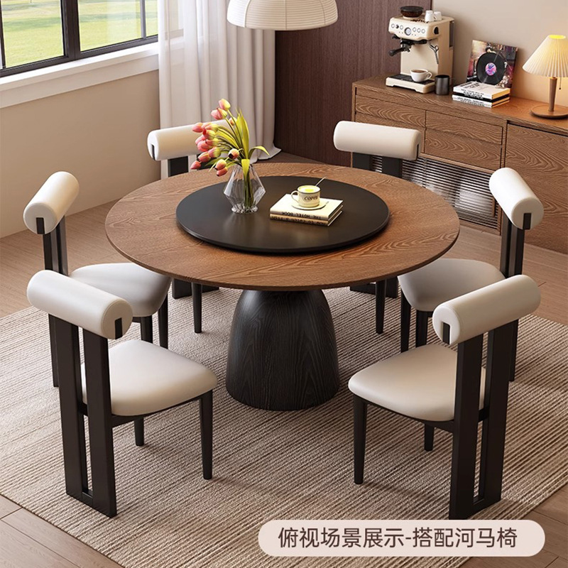 中古风实木餐桌岩板家用北欧小户型伸缩饭桌方圆两用餐桌椅组合|undefined