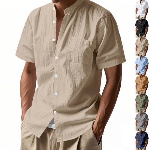 25 Amazon Cross-border European and American Style Men's Summer Loose Linen Cardigan Solid Color Casual Stand Collar Beach Short-sleeved Shirt