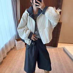 欧货2025秋冬新款休闲宽松百搭棉衣棉服女设计感格子拼接气质外套