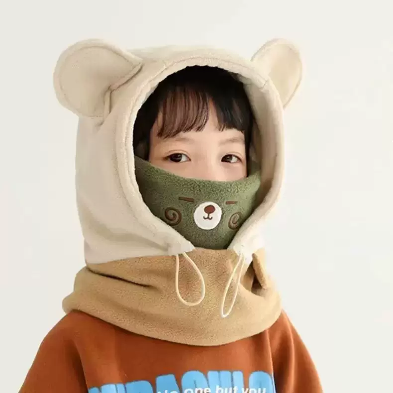 卡通图案儿童帽子冬天保暖男童护耳帽防风加绒女童套头帽围巾一体