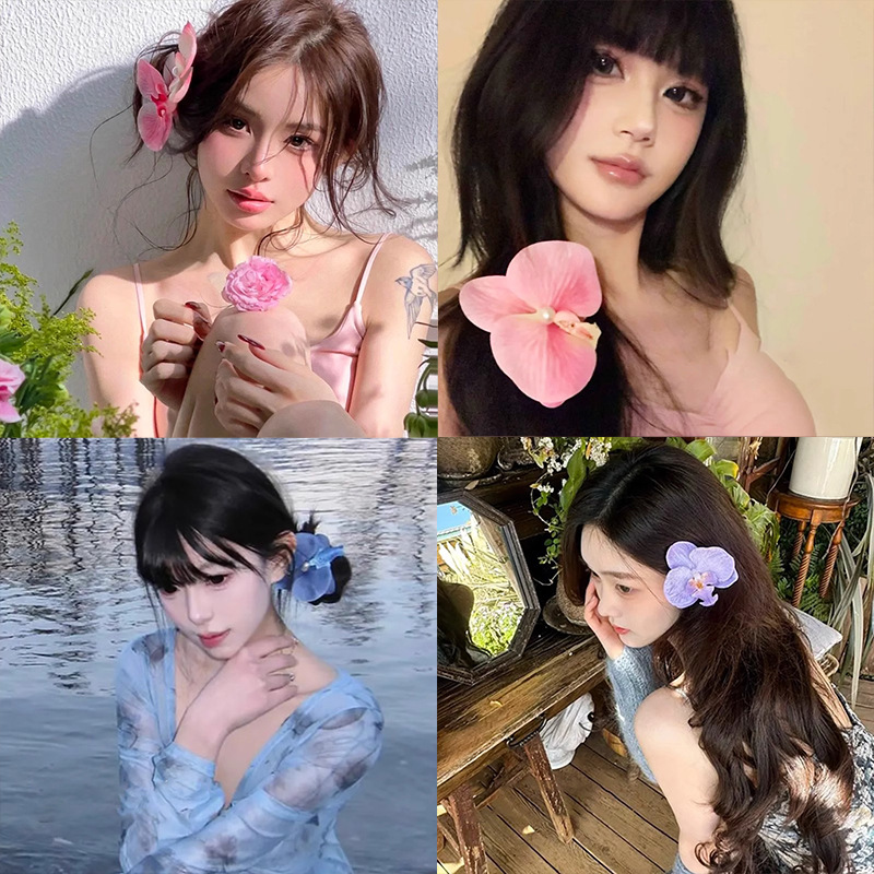 Atmósfera Pink Phalaenopsis Flor Horquilla Playa Vacaciones Viento Cabezal con borde de flor Diseño de nicho Adornos para el cabello dulces