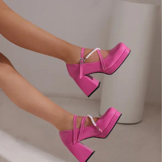 Amazon Cross-Border Foreign Trade Large Size Women's Shoes European and American Square Toe Thick Heel Single Shoes Buckle Strap Beaded Mary Jane Women's Shoes New Style