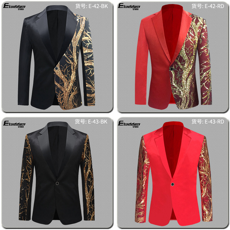 Cross-border new summer men's singer suit color matching sequins long sleeve MC host casual suit Cross-border new summer men's singer suit color matching sequins long sleeve MC host casual suit