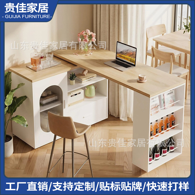 Household Multifunctional Sideboard Kitchen Cabinet with Adjustable Bar Counter, Wheels, Movable and Rotatable Computer Desk, Office Desk