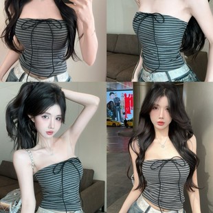 1840# Striped Lace-up Tube Top Camisole Women's Summer Wear Thai Unique and Beautiful Design Sense