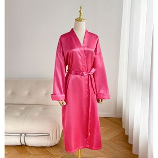 Spring and Summer Sexy Imitation Silk Pajamas Robe Female Bride Dressing Gown Hotel Style Bathrobe Extra Long Thin Section Women's Home Wear