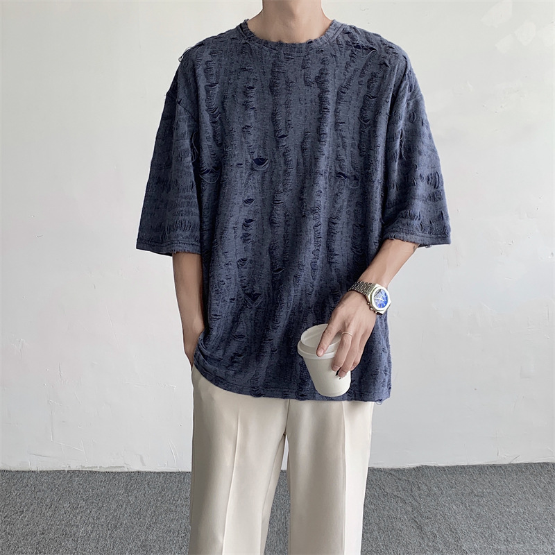Camiseta de manga corta rasgada superior de verano de los hombres marca de moda coreana ins casual todo partido de seda de hielo cuello redondo Camiseta de media manga
