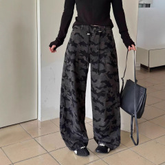 梵思羽美式迷彩工装牛仔裤女秋季街头大码垂感百搭宽松阔腿裤子潮