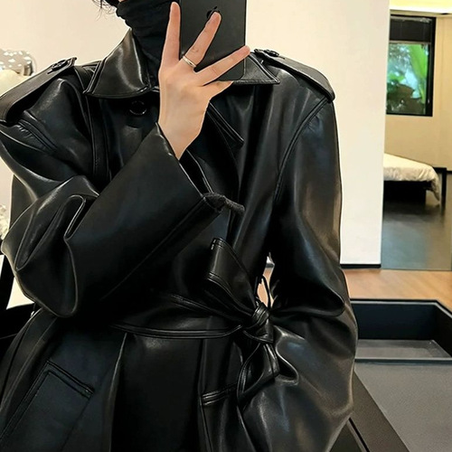 Women's 2026 Autumn Stylish High-End Leather Jacket, Collar-Banded, Fitted, Mid-Length Leather Peacoat