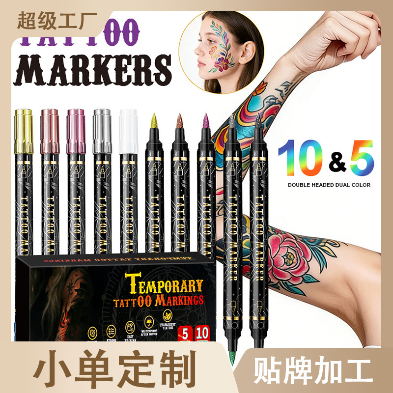 Cross-Border Exclusive Supply of Double-Ended Dual-Color Tattoo Pens for Body Painting, Temporary Tattoo Pens with Detachable Soft Tips, Metal Marker Pens