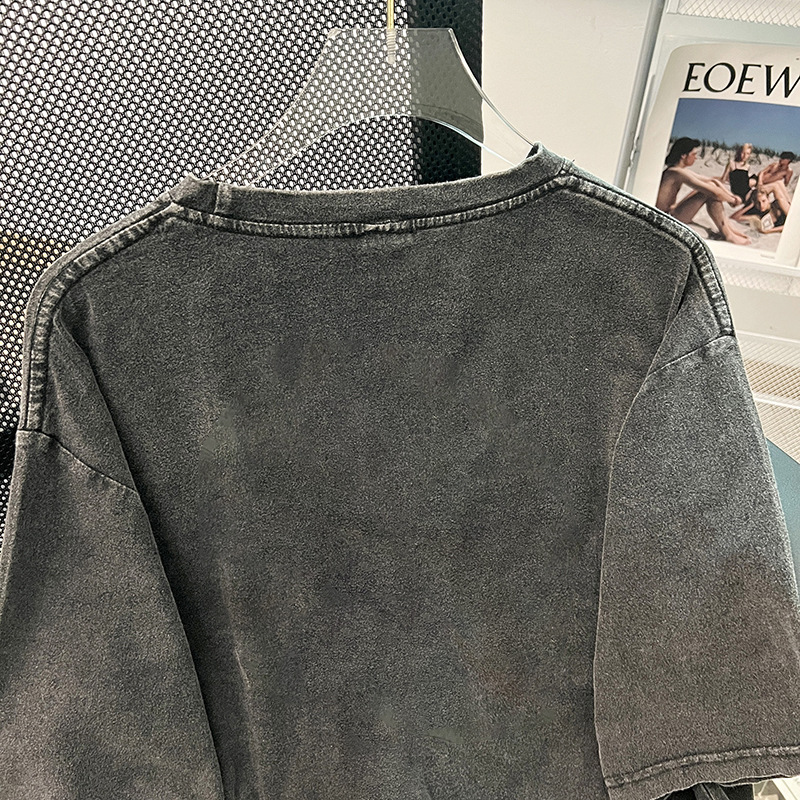 High Street Retro Washed Worn Printed Short Sleeved T shirt Hip Hop Casual Mid Length Coat Trendy