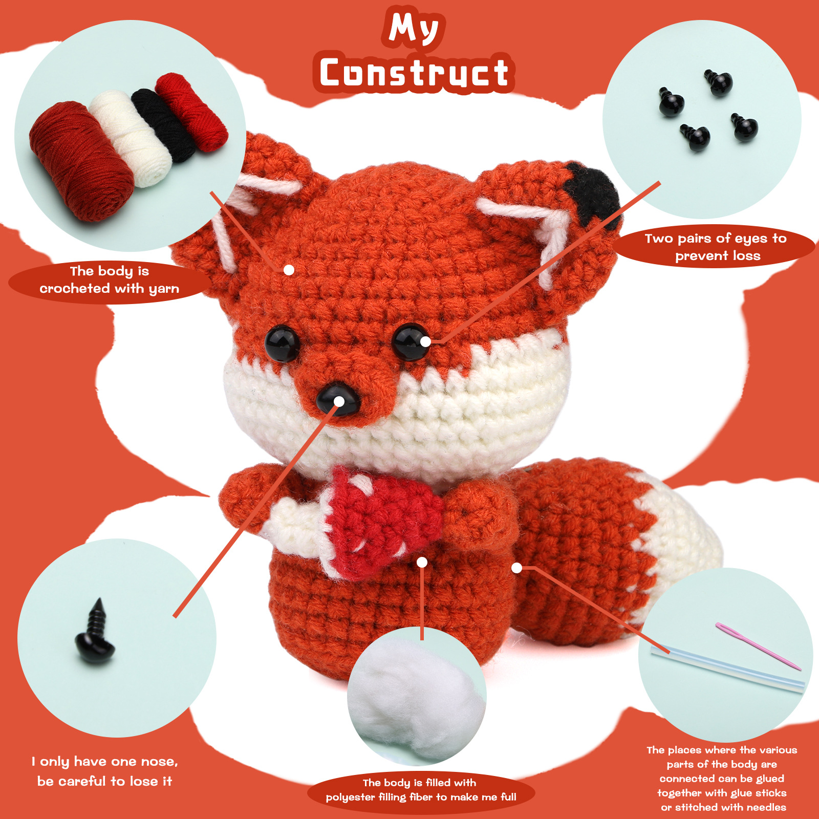 Unisex same style handmade DIY crochet wool knitted red fox doll material package_voghion.com
