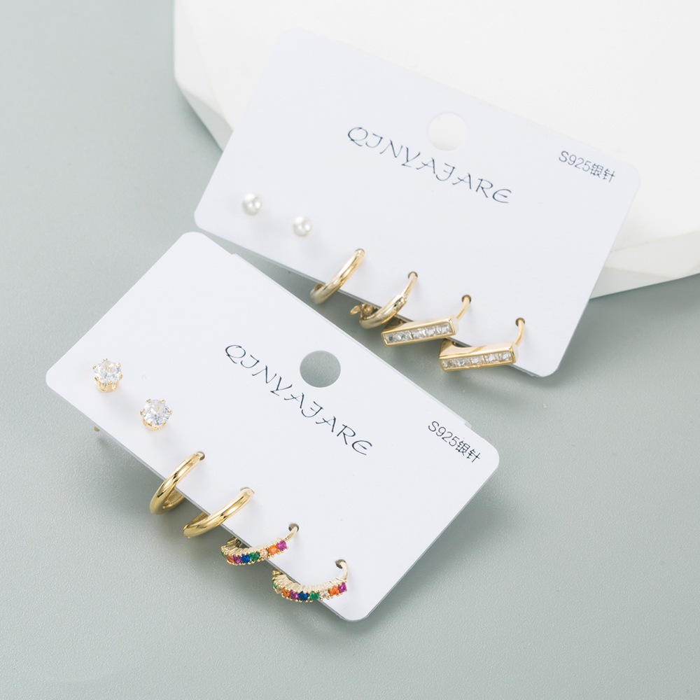 Fashion C Shape Copper Earrings Plating Inlay Zircon Copper Earrings 3 Pairs