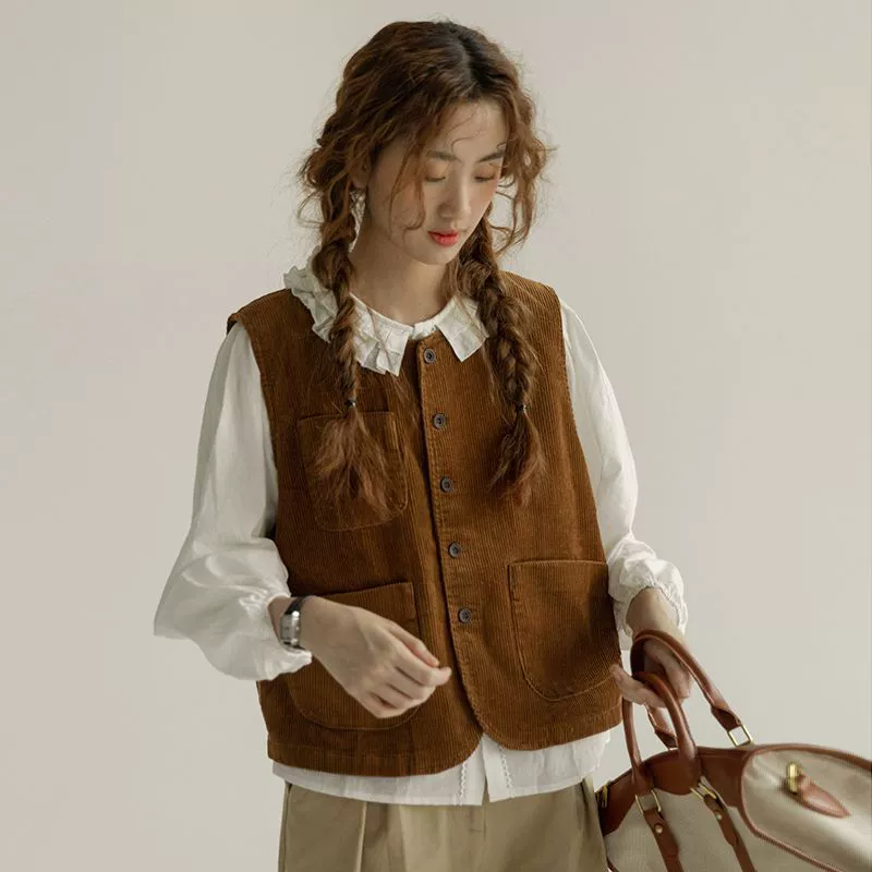 Французский вельветовый жилет женский весенний костюм 2025 новый ретро без рукавов топ жакет для студентов