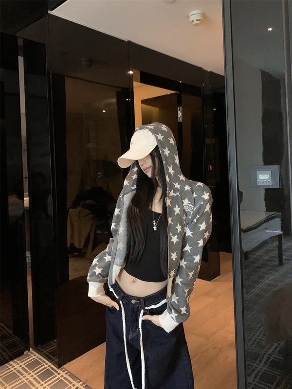 复古灰色星星连帽长袖卫衣外套女秋季美式宽松慵懒风休闲开衫上衣|undefined