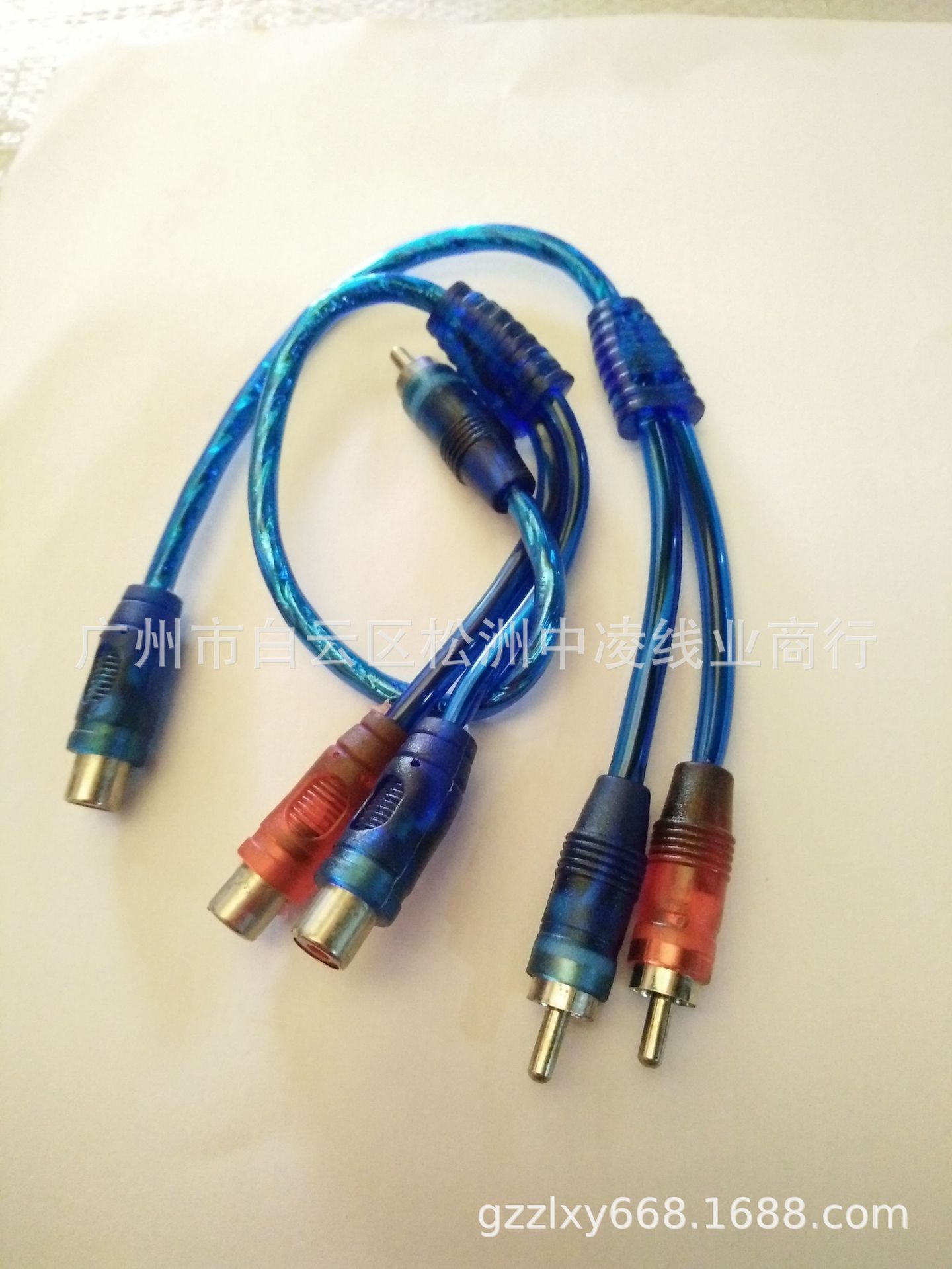 透明蓝色一分二音频线1对2音频线 汽车音响音频连接线 一公二母线