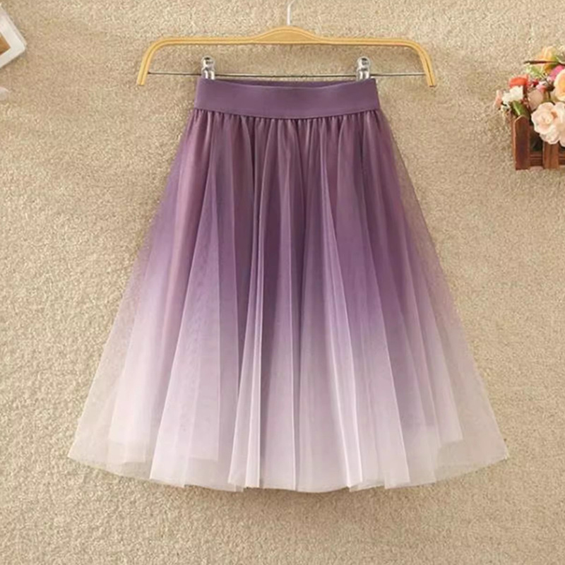 Gradient Mesh Skirt Women's Short High Waist A- Line Color Contrast Large Swing Fairy Skirt Skirt Short Skirt