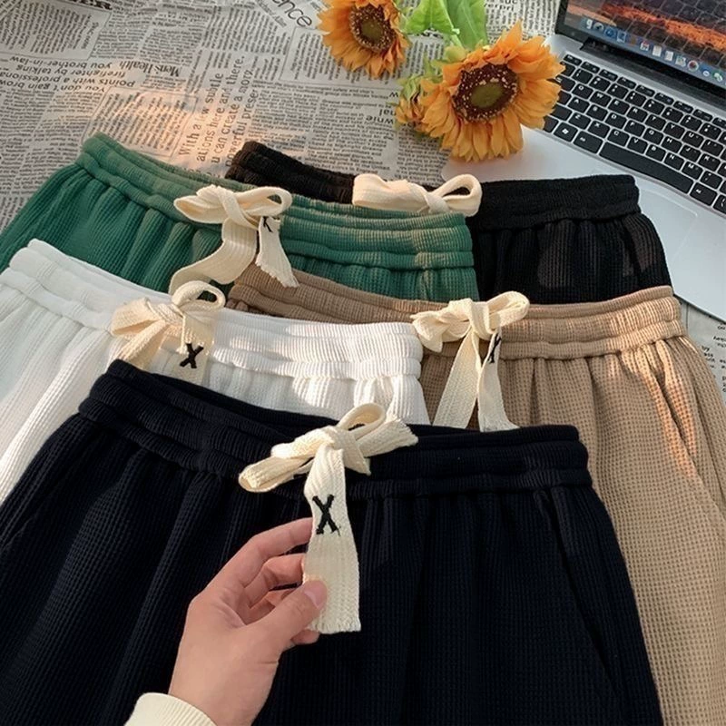 Вафельные шорты, мужские летние спортивные брюки больших размеров, модные свободные повседневные шорты с пятью точками