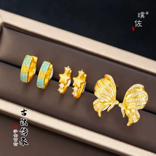 强保色沙金松石镶钻蝴蝶星星四叶花耳环耳钉轻奢高级感百搭耳饰女