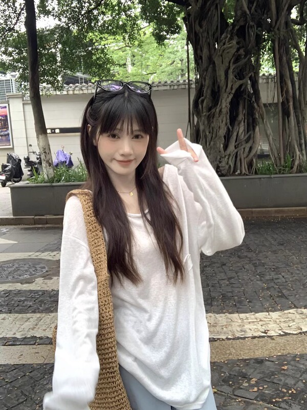 别致口袋设计宽松薄款防晒罩衫女秋季韩版竹节棉长袖打底T恤上衣|undefined