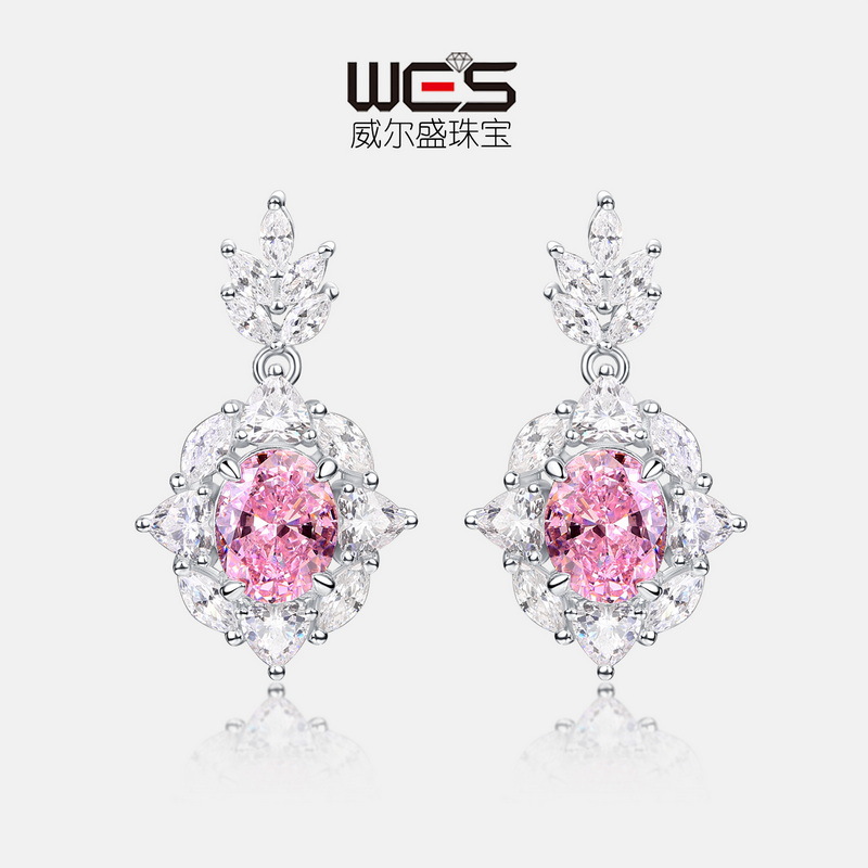 Wilsheng joyería nueva plata S925 exquisito Rosa pendientes de diamantes de alto carbono europeo y americano Luz de lujo temperamento hielo flor Corte pendientes
