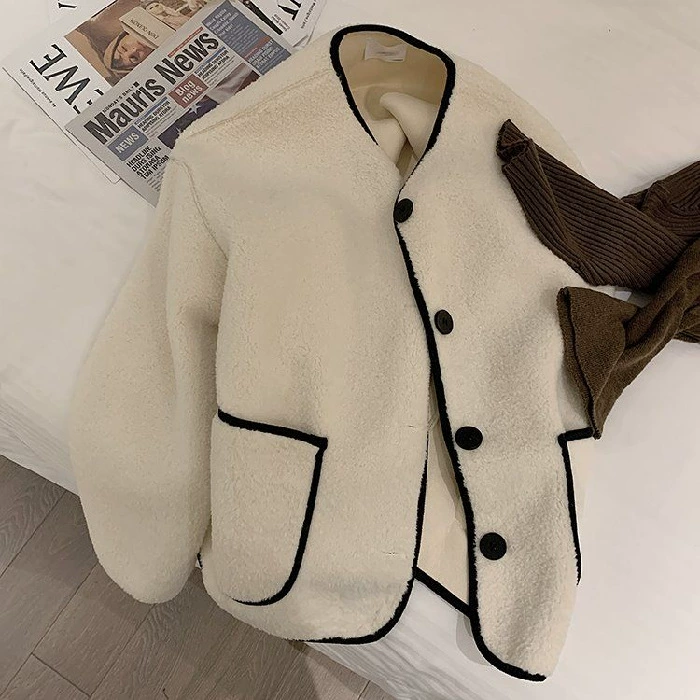 Демисезонная бархатная куртка, корейский oversize с круглым воротом, утолщенная, хаки/черный/бежевый