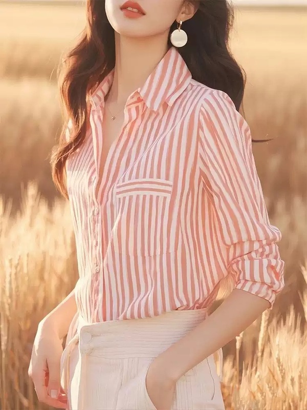 韩系chic休闲风粉色条纹翻领长袖衬衫女春秋款别致通勤百搭小衬衣|undefined
