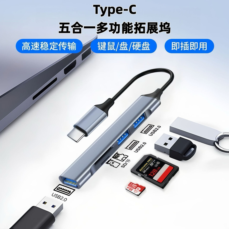 Hub Docking Station Five-In-One 2.0 USB Multi-Port Expander for Computer and Laptop, Multi-Function Sd Tf Card Type-C