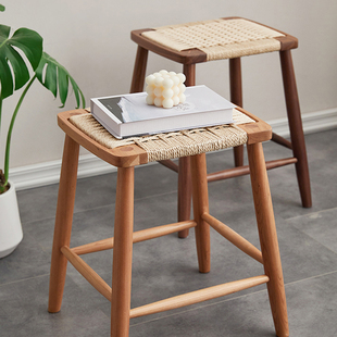 Nordic Solid Wood Rope Square Stool Modern Simple Bedroom Dressing Stool Japanese Style Homestay Dining Stool Rattan Small Stool Wholesale
