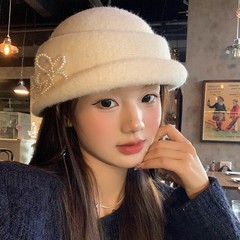 法式赫本风珍珠小花礼帽女千金风优雅气质复古百搭显脸小渔夫帽子