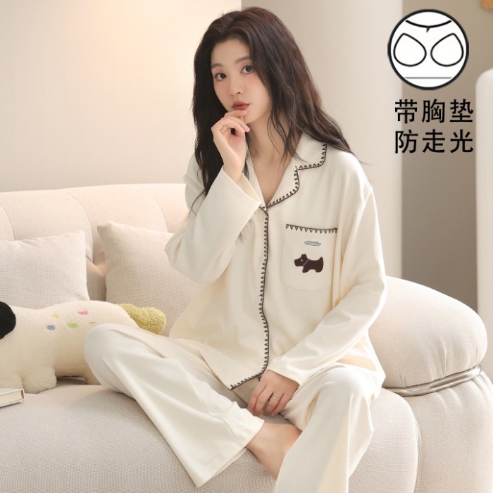 实体批发带胸垫纯棉睡衣女士长袖长裤秋季新款全棉家居服两件套装|undefined