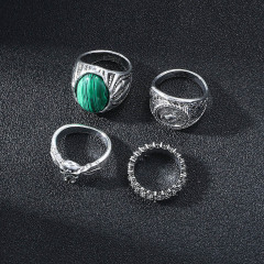 個性復古骷髏頭孔雀石時尚嘻哈四件套女士套裝戒指