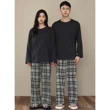 2022年新款情侣睡衣男女纯棉春秋款长袖圆领套头时尚简约全棉套装