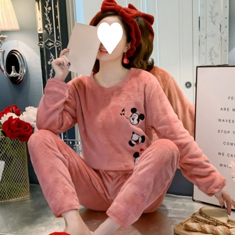 Autumn and Winter Flannel Korean Cartoon Pajamas Women's Long-Sleeved Suit Cute Coral Velvet Sweet Winter Women's Pajamas