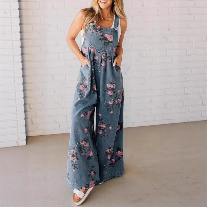 A Large Number of Spot 2025 Summer European and American Cross-Border Amazon Hot Fashion Printed Casual Jumpsuit Sleeveless Overalls