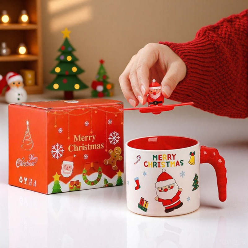 Taza navideña creativa, taza de cerámica con tapa y cuchara, taza para beber, taza de alta gama, taza de gran capacidad con diseño de árbol de Navidad