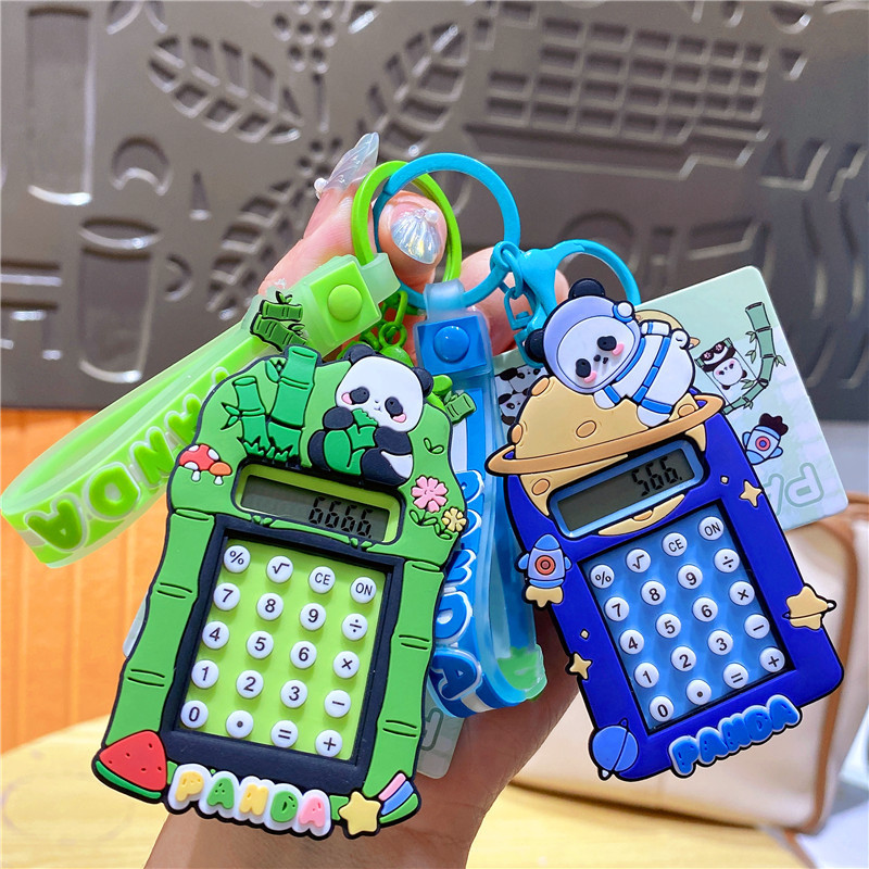 Trendy Cartoon Panda Family Eating Bamboo Computer Keychain Pendant Mini Handheld Calculator Bag Accessory