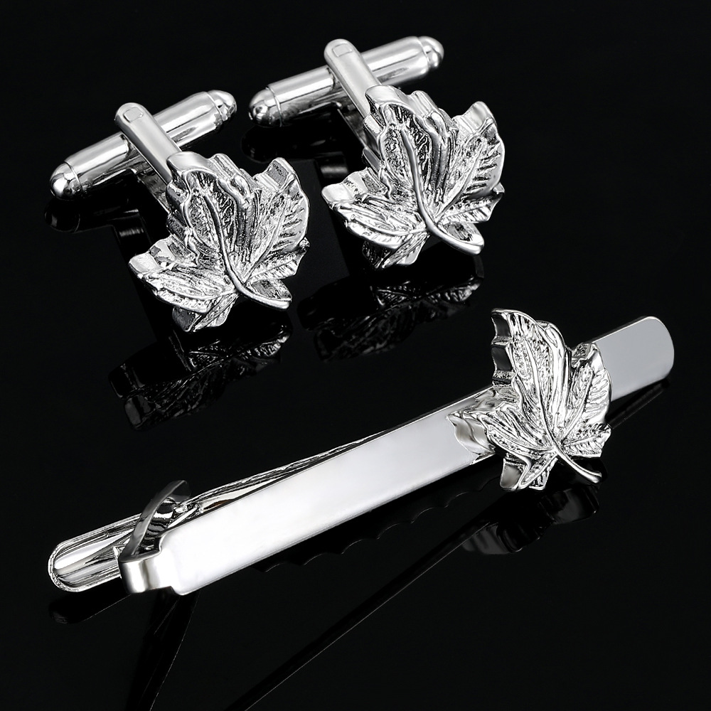Maple Leaf Cufflinks And Tie Clip Set For Men Silver Business_voghion.com