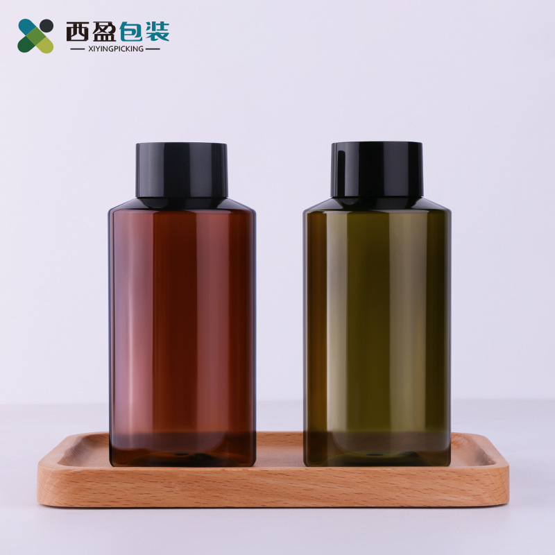 厂家现货280ml茶色绿色斜肩塑料瓶配旋盖PET茶色纯露爽肤水分装瓶