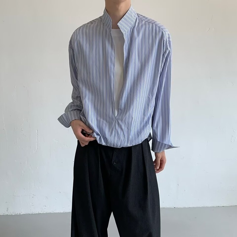 新款韩版修身条纹长袖衬衫男商务休闲复古方领宽松大码男士衬衣潮|undefined