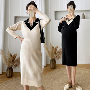 Pregnant Women's Pregnancy Dress, Trendy Mom's Casual Loose Knitted Doll Style V-Neck Mid-Length Slim Skirt with Long Sleeves