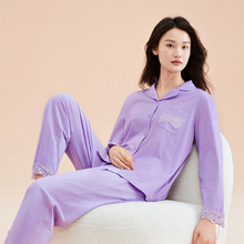 【抗菌棉】女士睡衣家居服套装睡衣长袖宽松棉质蕾丝花边睡衣