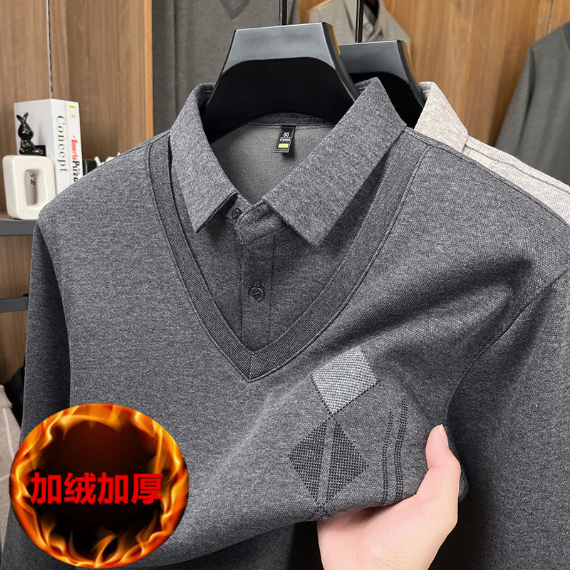 假两件冬季男士加绒加厚套头翻领上衣保暖休闲时尚长袖男装爸爸装