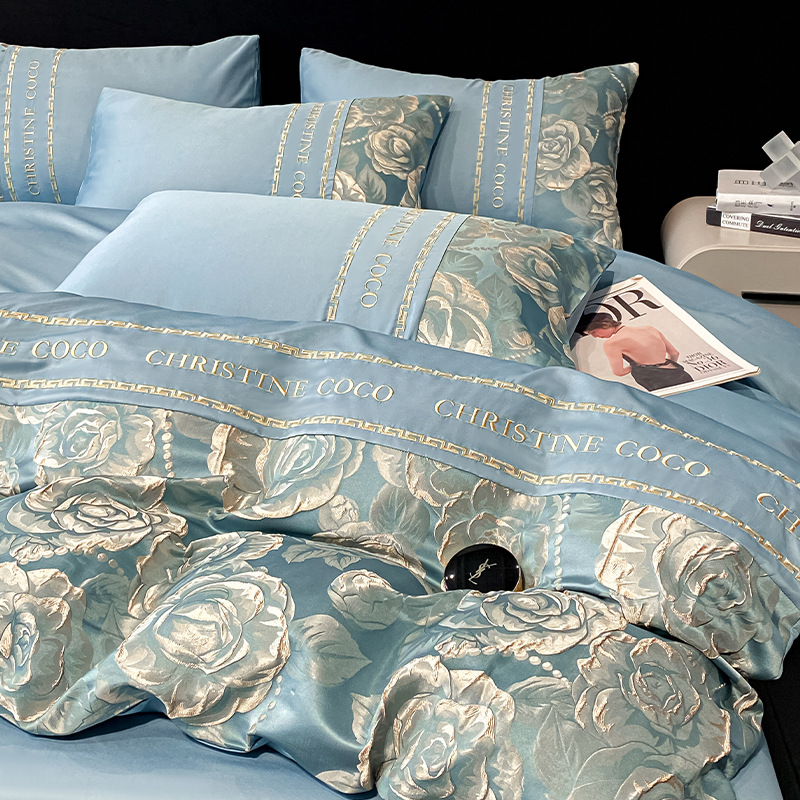 Juego de cuatro piezas de cama jacquard de seda de hielo de verano 2025 nueva funda de edredón de sábana fresca ropa de cama de alta gama de lujo ligero