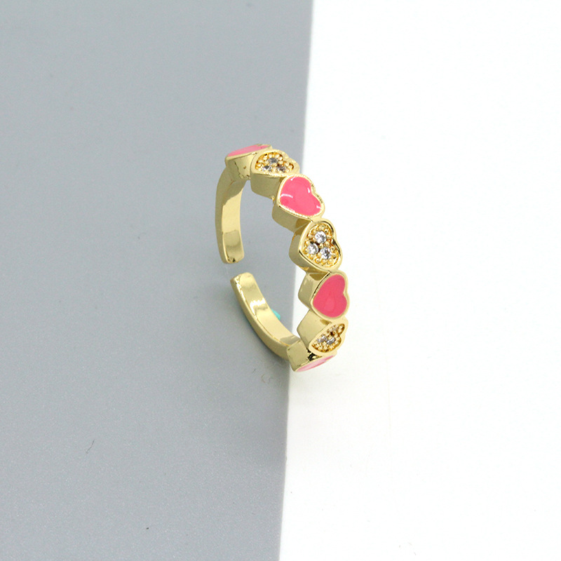 Simple Color Dripping Oil Zircon Peach Heart Open Ring Female Wholesale display picture 2